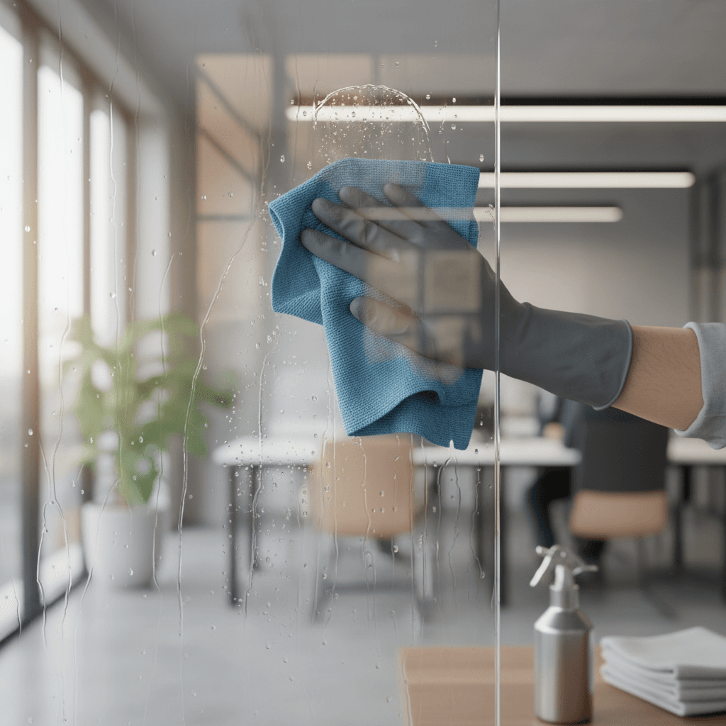 Professional cleaner's gloved hands wiping glass surface with microfiber cloth in sunlit office environment
