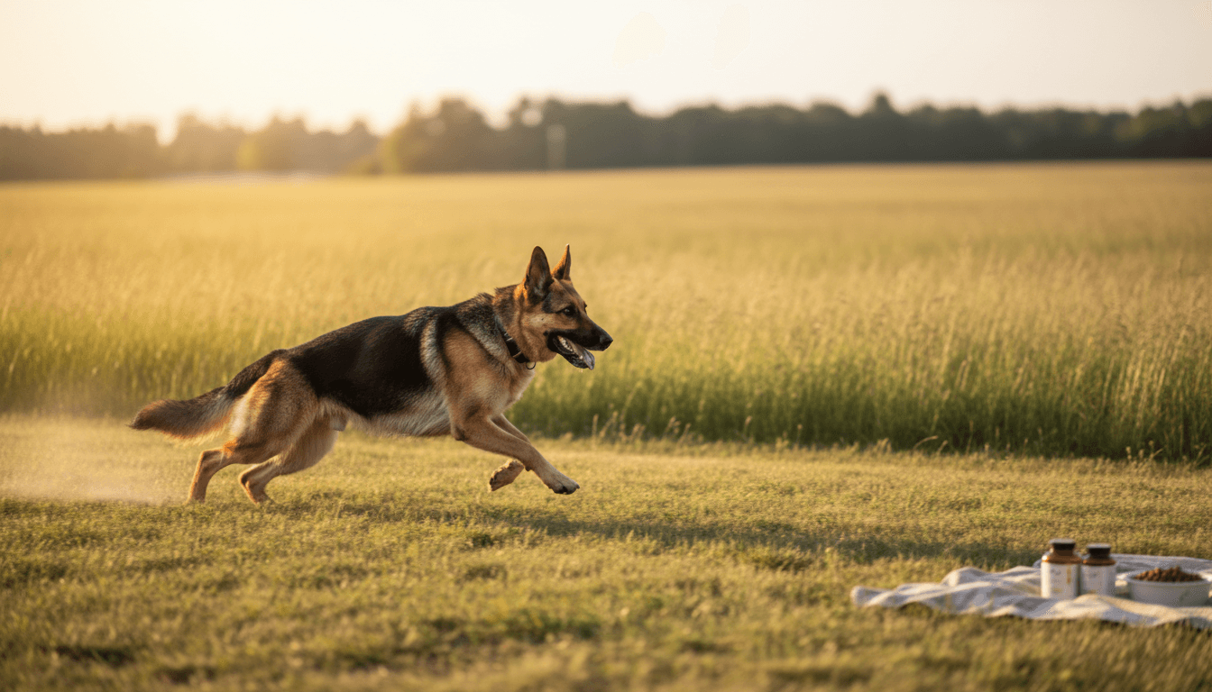 Athletic German Shepherd running in sunlit field during golden hour, demonstrating health and vitality from premium nutrition