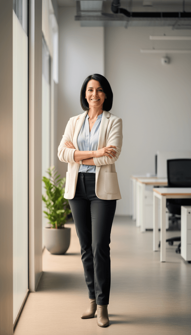 Confident female professional standing in sunlit modern office corridor wearing business casual attire