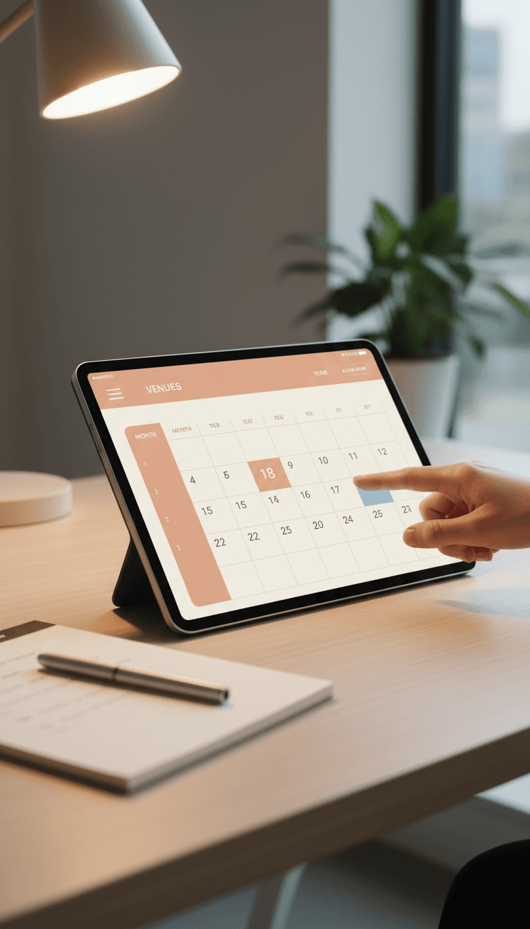 Hand selecting a date on a digital booking calendar interface displayed on a tablet in a modern office workspace