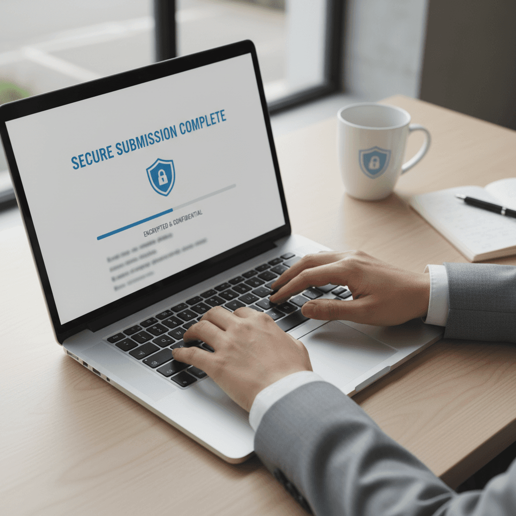 Hands typing on laptop keyboard in private office with secure digital form visible on screen, soft natural window light