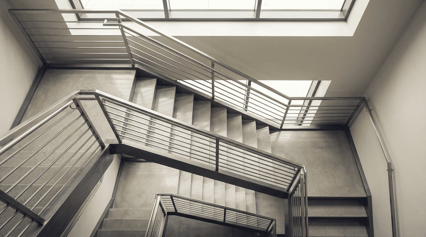 Modern staircase with geometric railings and polished concrete shot from above with shifting natural light.