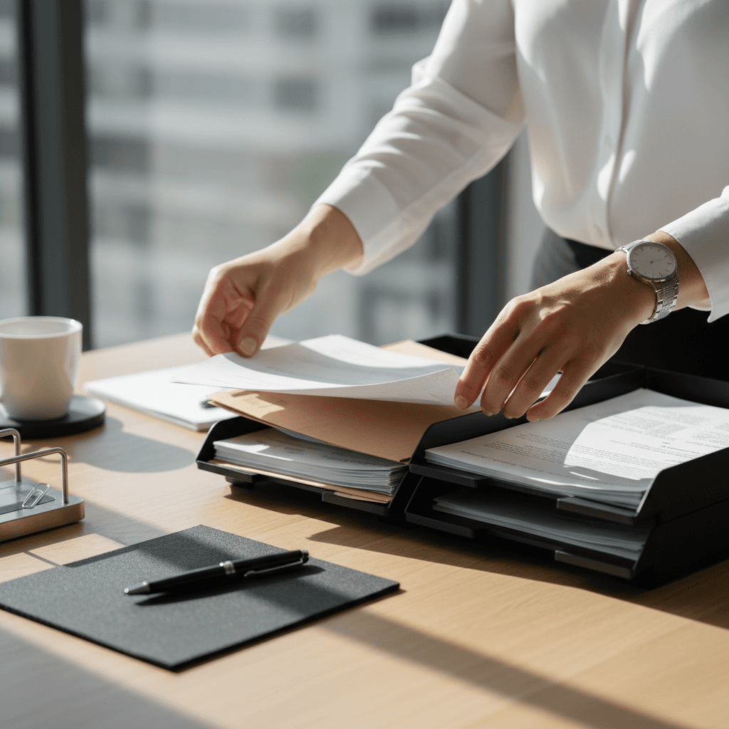 Professional hands organizing business documents and files on a clean desk with natural window lighting