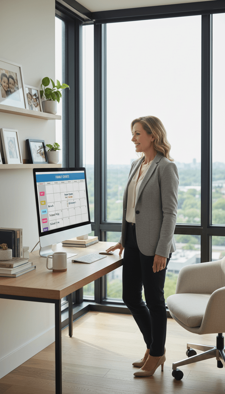 Professional woman in bright home office smiling at computer displaying family event calendar interface
