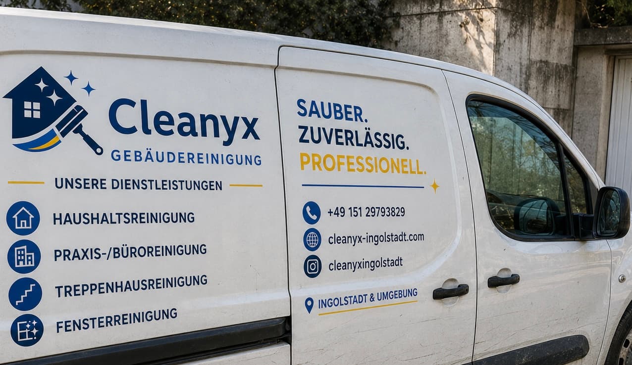 Weißer Transporter von Cleanyx Gebäudereinigung mit Logo, Slogan und einer Liste verschiedener Reinigungsdienstleistungen.