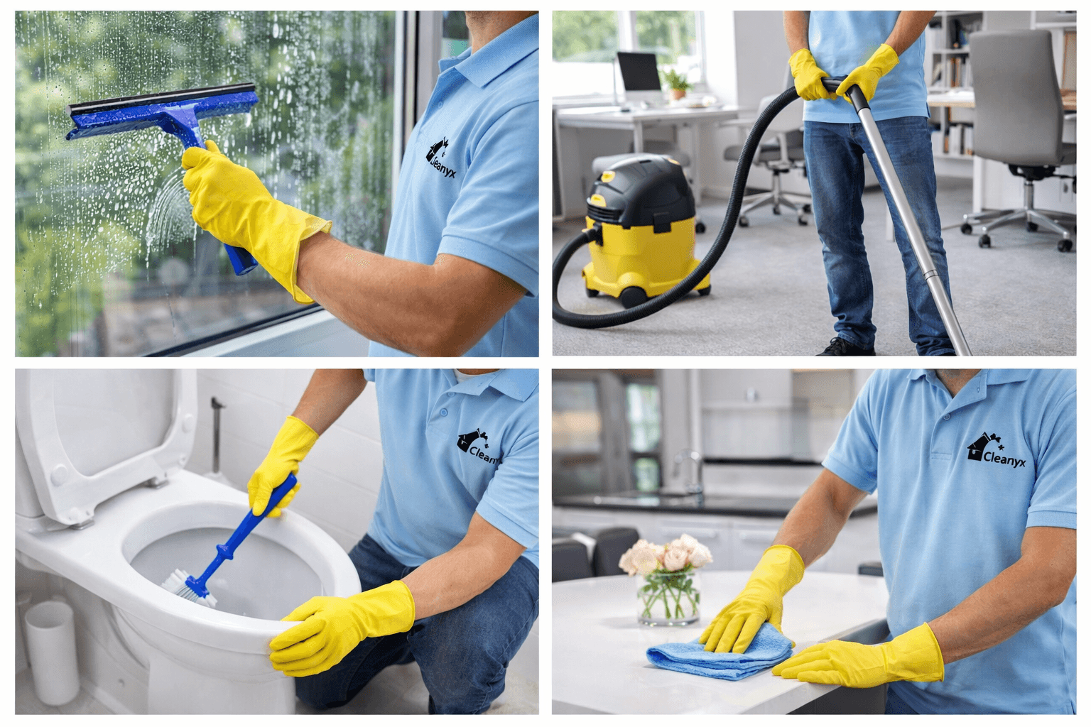 Professionelle Reinigungskraft beim Fensterputzen, Staubsaugen, Toilettenreinigen und Abwischen von Oberflächen in hellblauer Uniform.