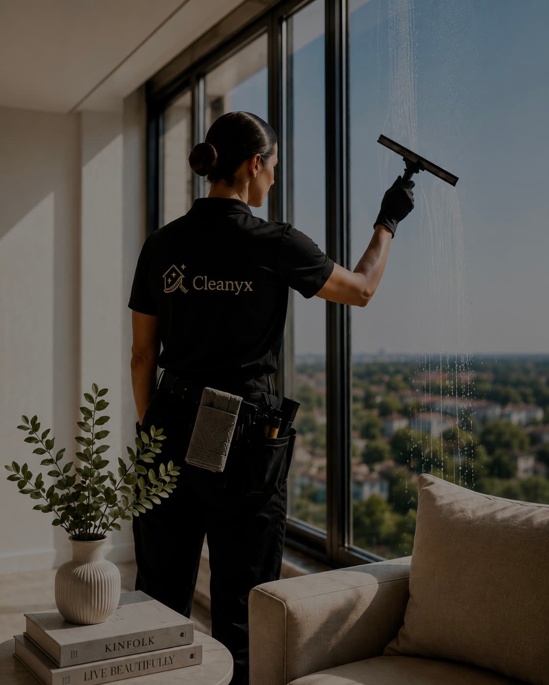 Reinigungskraft in schwarzer Uniform reinigt ein großes Fenster mit einem Abzieher in einem modernen Wohnzimmer.