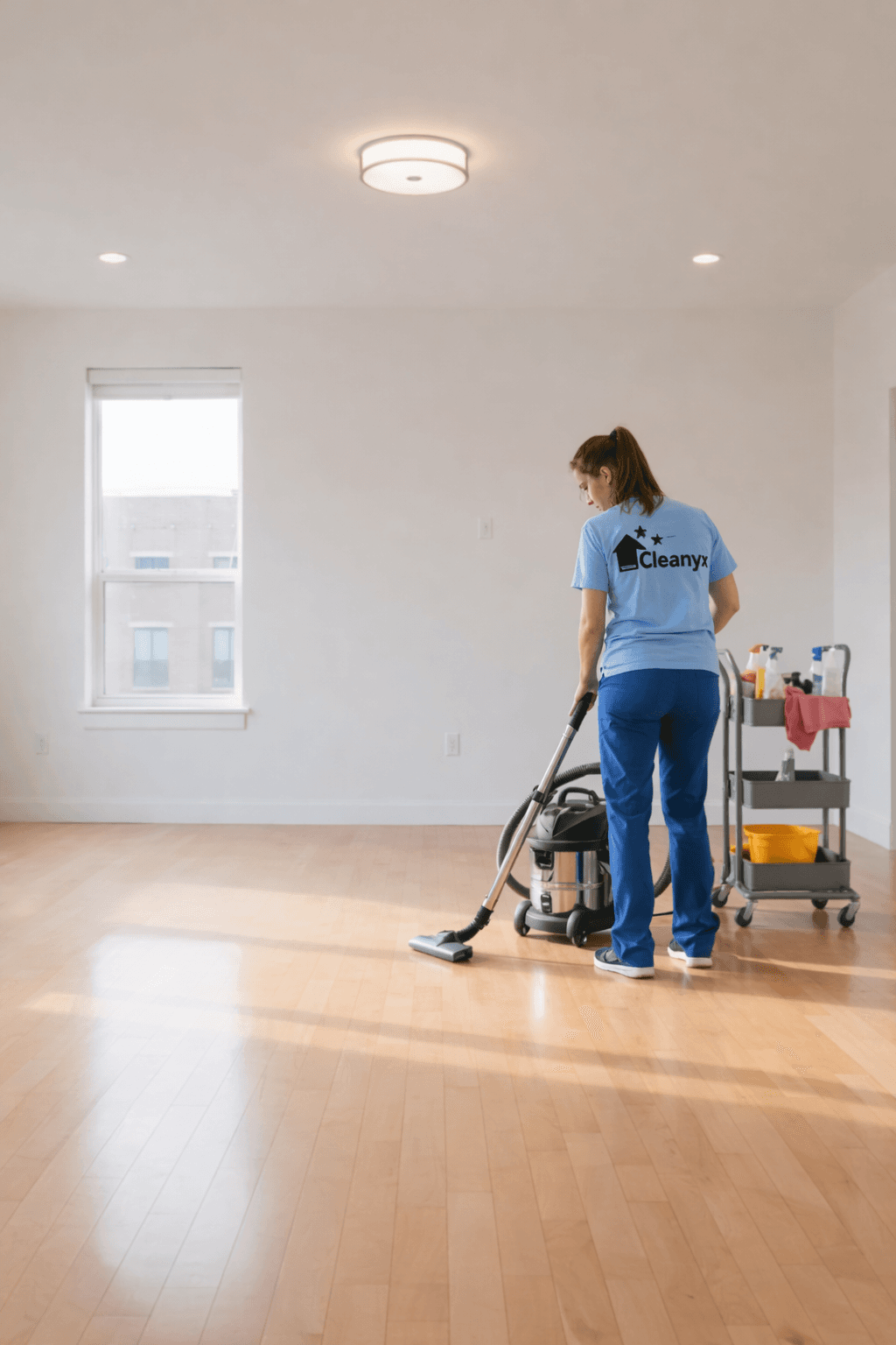 Professionelle Reinigungskraft saugt einen hellen Holzboden in einem leeren Zimmer neben einem Reinigungswagen.