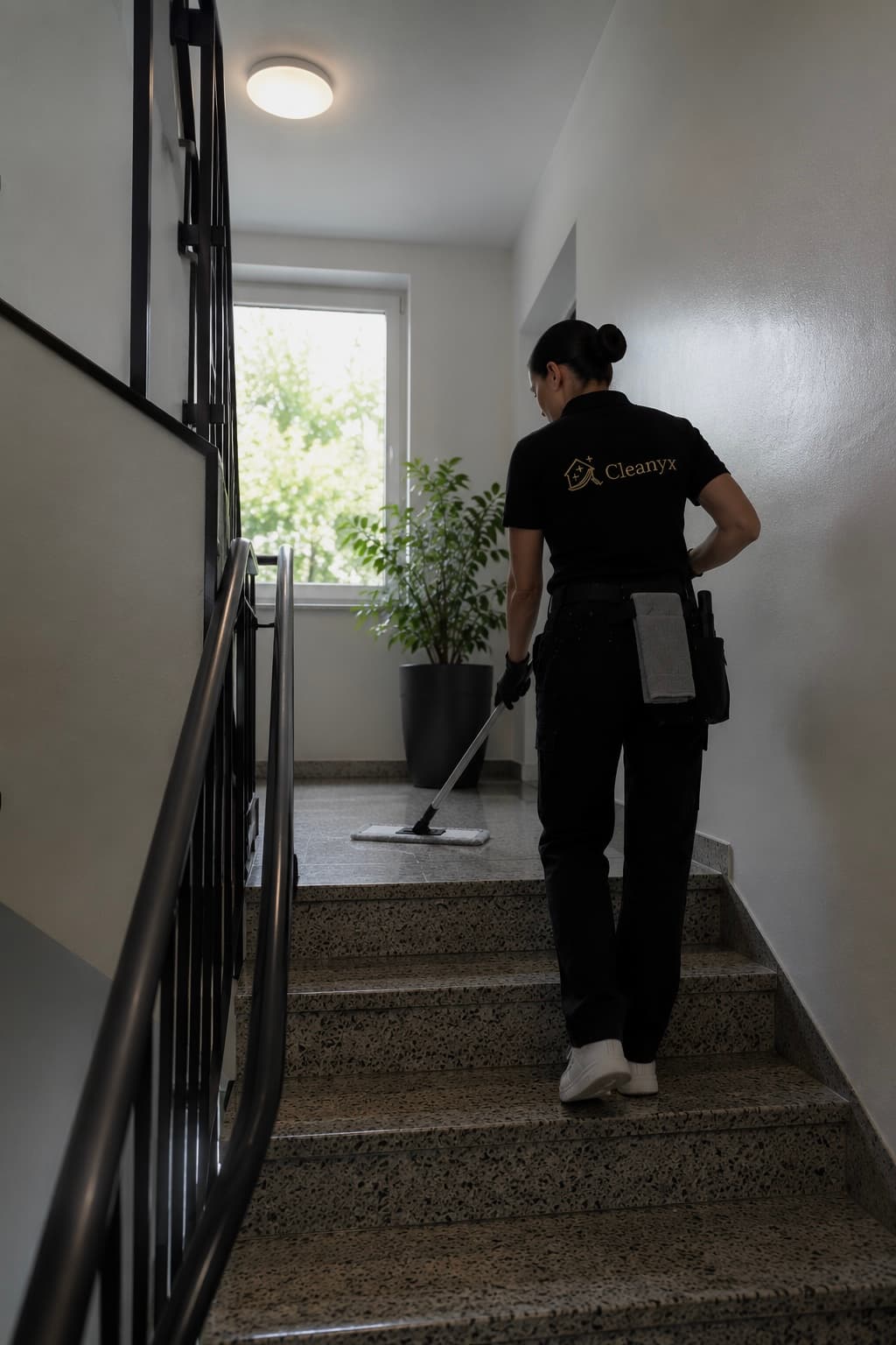 Reinigungskraft in schwarzer Uniform wischt die Steinstufen eines hellen Treppenhauses mit einem flachen Mopp.