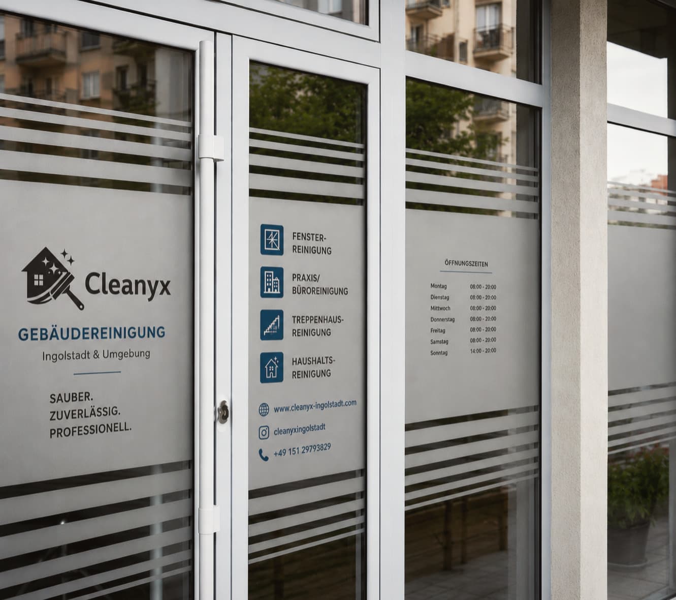 Glasfront der Gebäudereinigung Cleanyx mit Logo, Dienstleistungen, Kontaktinformationen und Öffnungszeiten auf mattierter Folie.