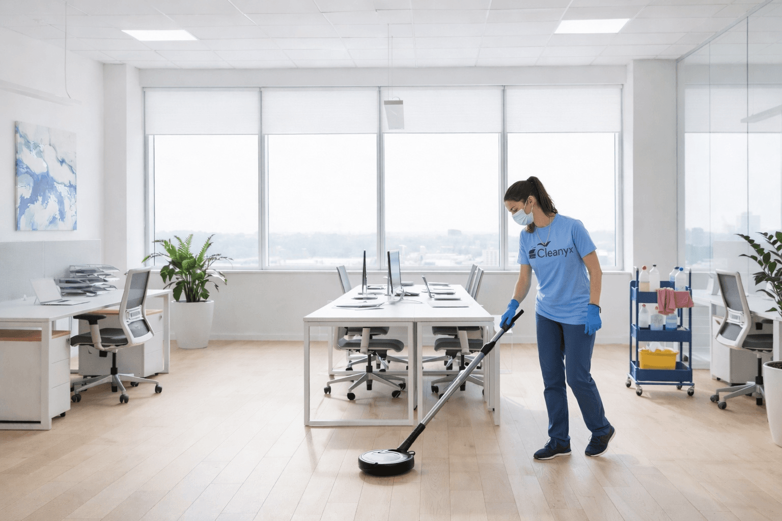Reinigungskraft mit Maske säubert den Boden eines hellen, modernen Büros mit einem speziellen Reinigungsgerät.