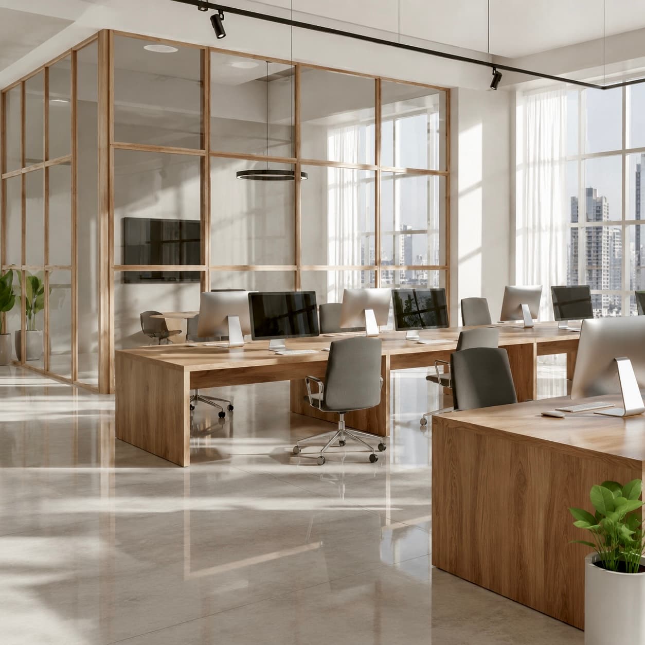 Modernes, lichtdurchflutetes Büro mit Holztischen, grauen Stühlen und Glaswänden vor einer sonnigen urbanen Skyline.