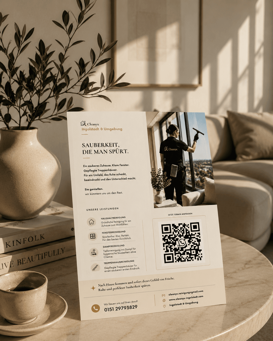 Werbeflyer für Cleanyx Reinigungsdienste in Ingolstadt auf einem Tisch in einem hellen, modernen Wohnzimmer.