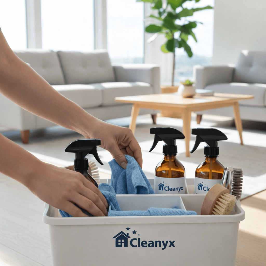 Hände greifen in einen weißen Reinigungskorb mit Sprühflaschen und blauen Tüchern in einem modernen Wohnzimmer.