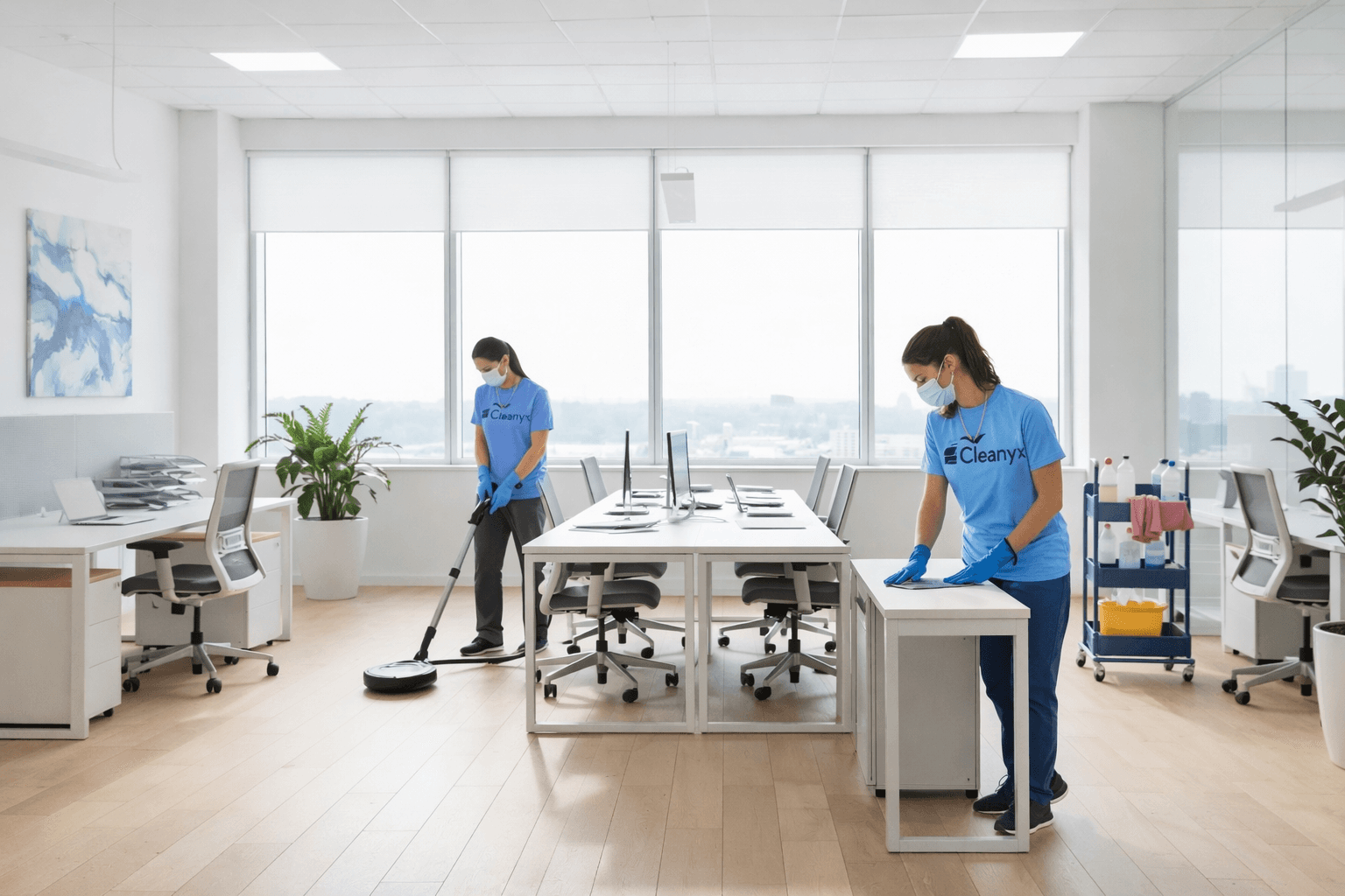 Professional cleaning team in uniform working in modern open-plan office with natural light streaming through windows