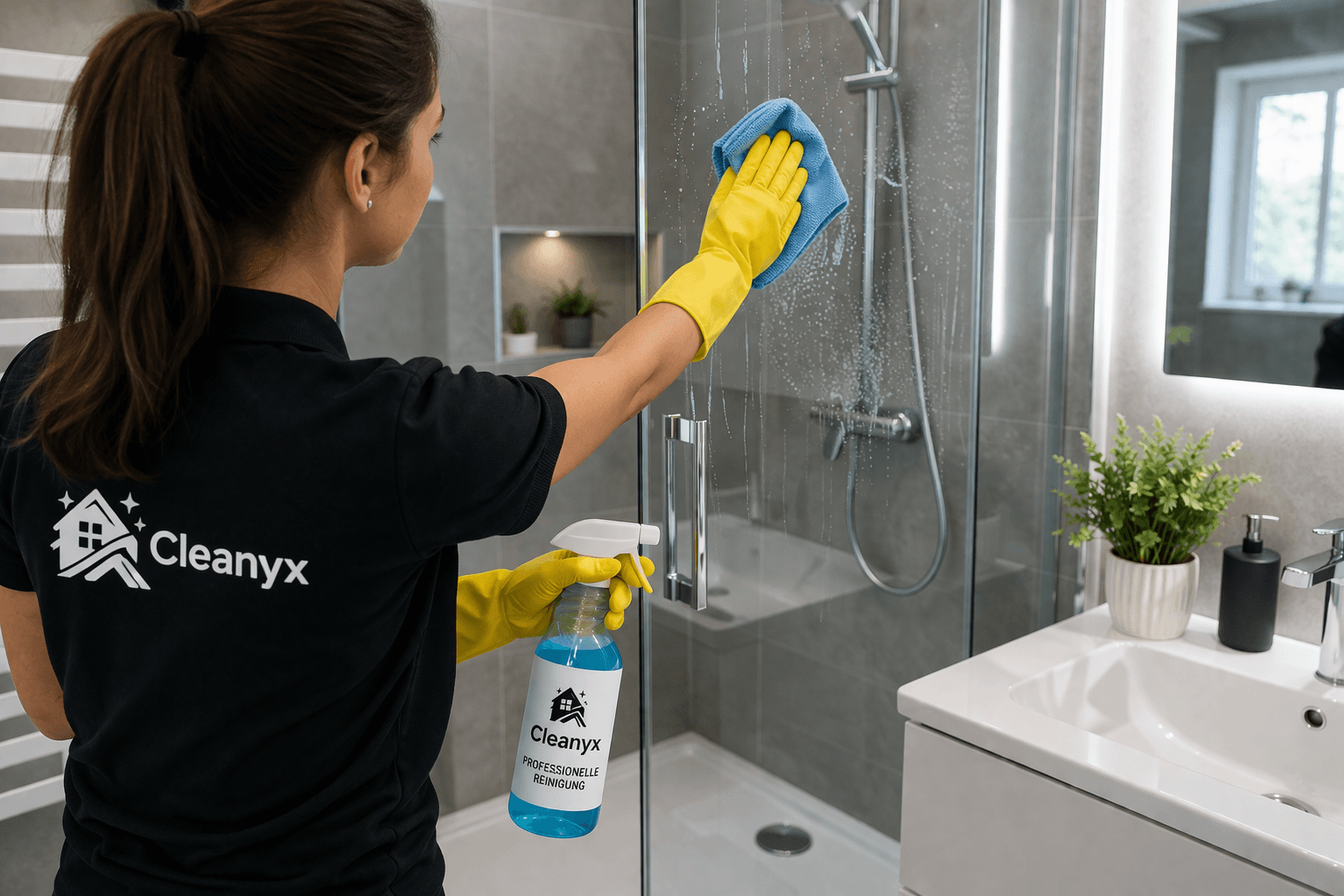 Professionelle Reinigungskraft säubert eine gläserne Duschwand mit gelben Handschuhen und blauem Tuch im Badezimmer.