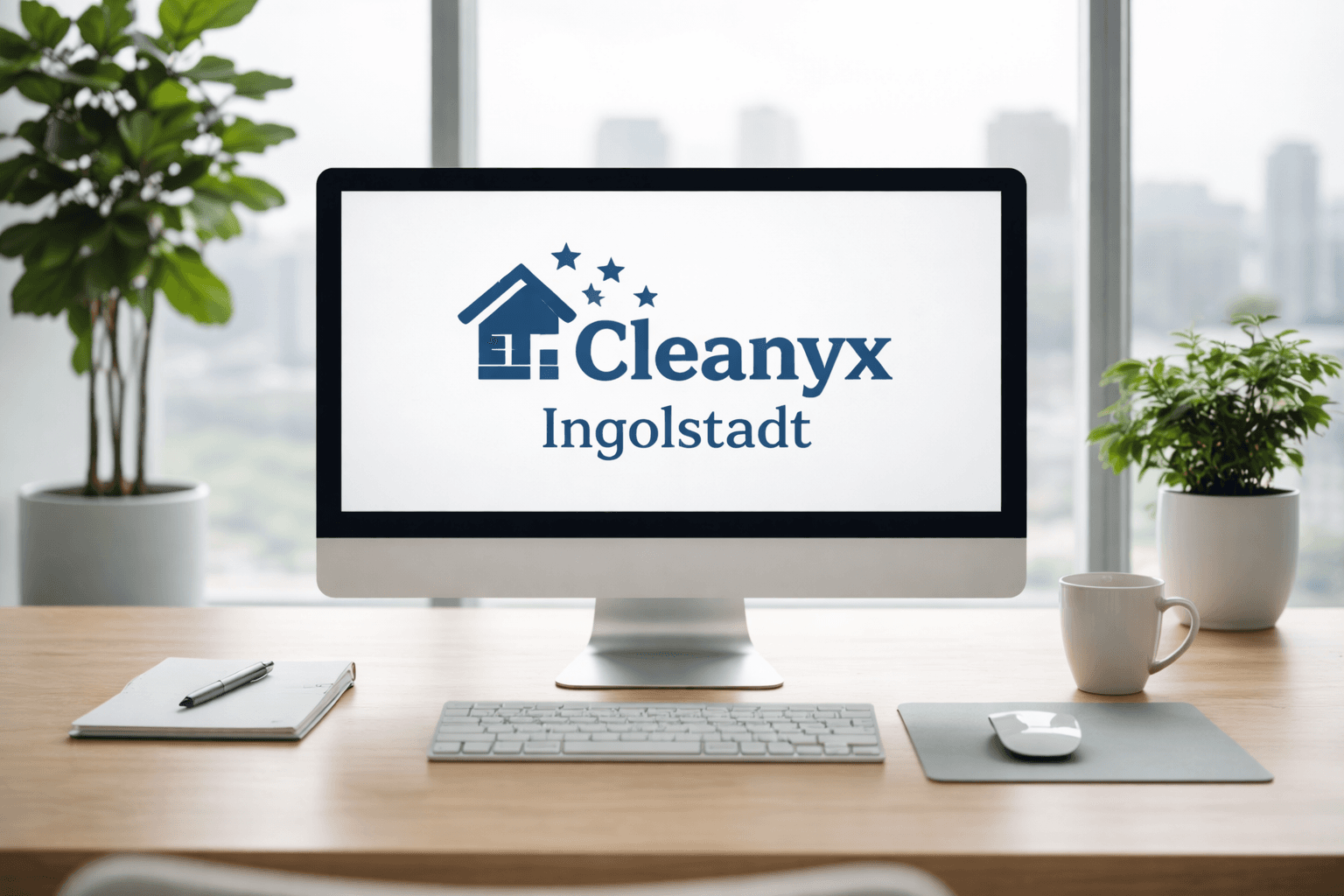 Computerbildschirm mit Cleanyx Ingolstadt Logo auf einem Schreibtisch neben Pflanzen und einem Notizbuch.