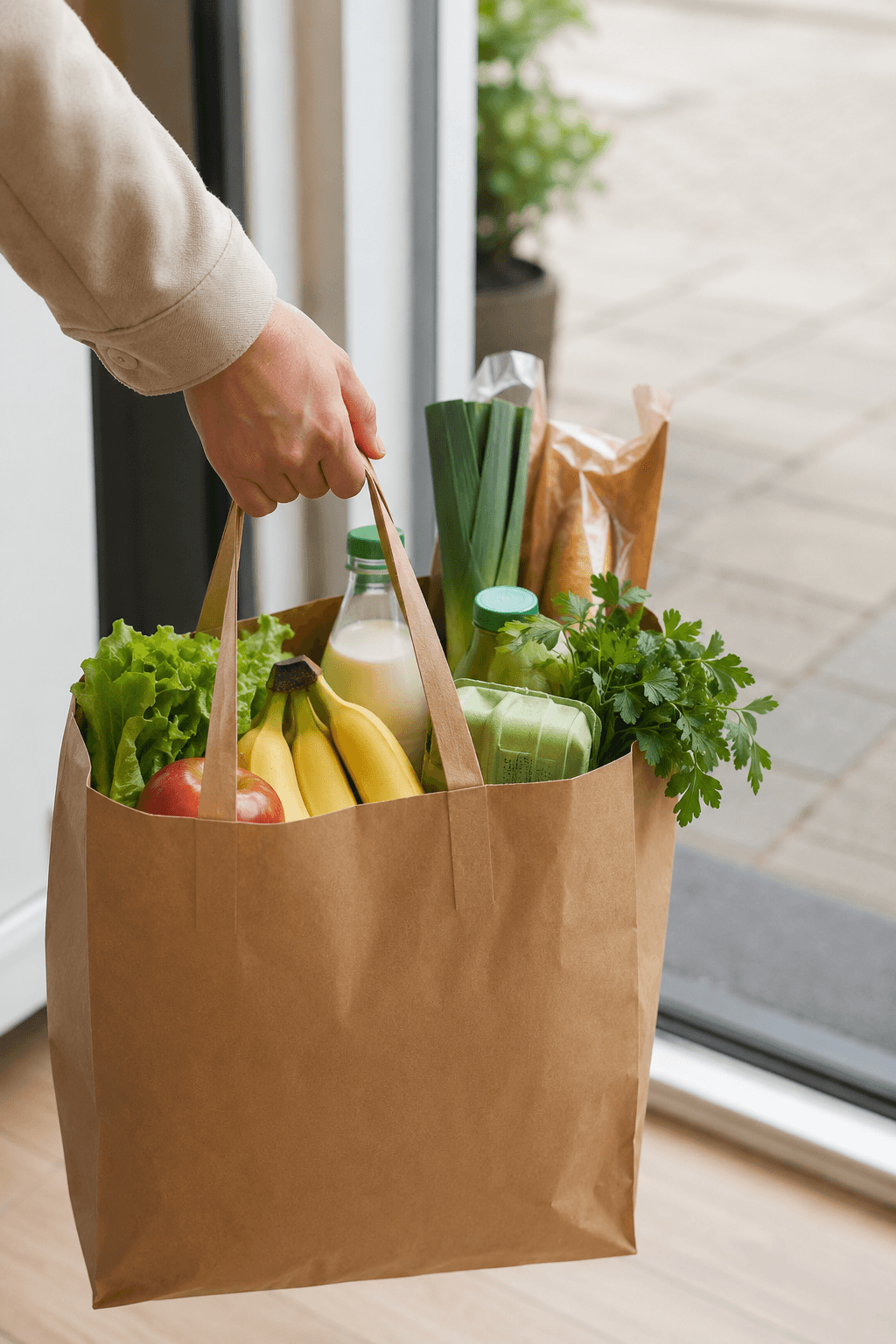 Hand trägt eine Papiertüte mit Bananen, Äpfeln, Salat und Milch durch eine offene Haustür.