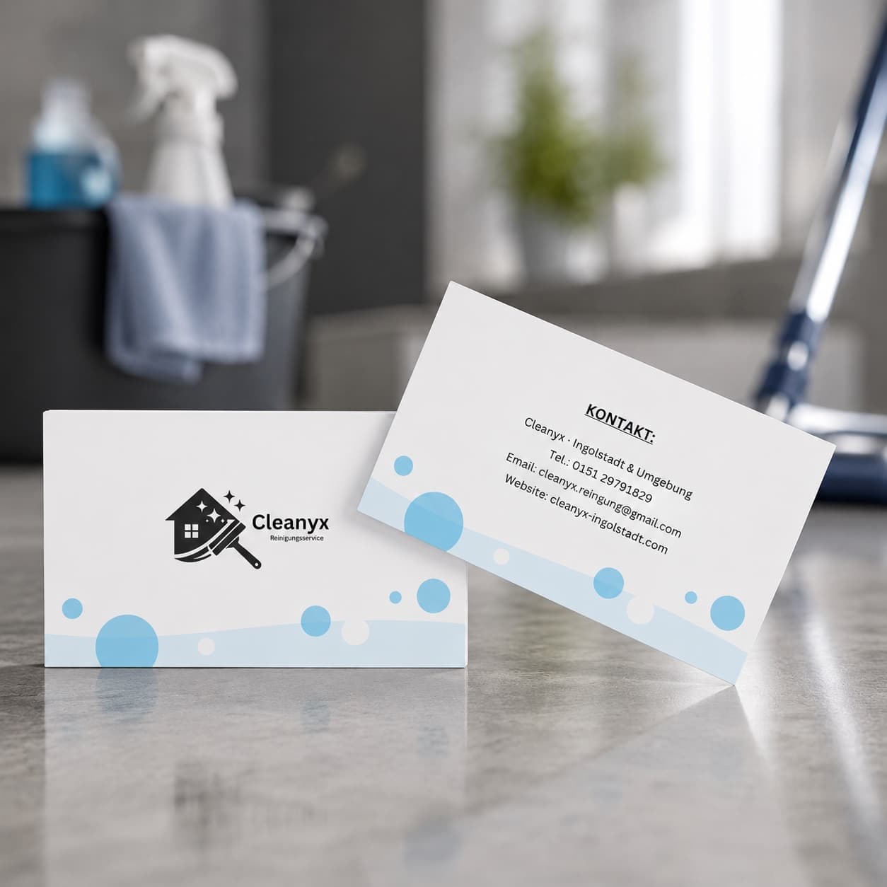 Visitenkarten von Cleanyx Reinigungsservice mit Logo und Kontaktinformationen vor einem unscharfen Hintergrund mit Putzmitteln.